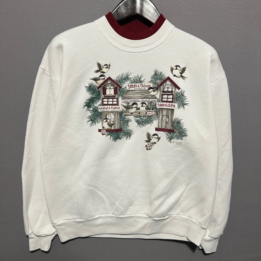 Vintage Morning Sun Birdhouse Chickadee Sweatshirt White Burgundy Mock Neck L
